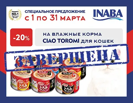 Inaba: скидка 20% на влажные корма CIAO Toromi