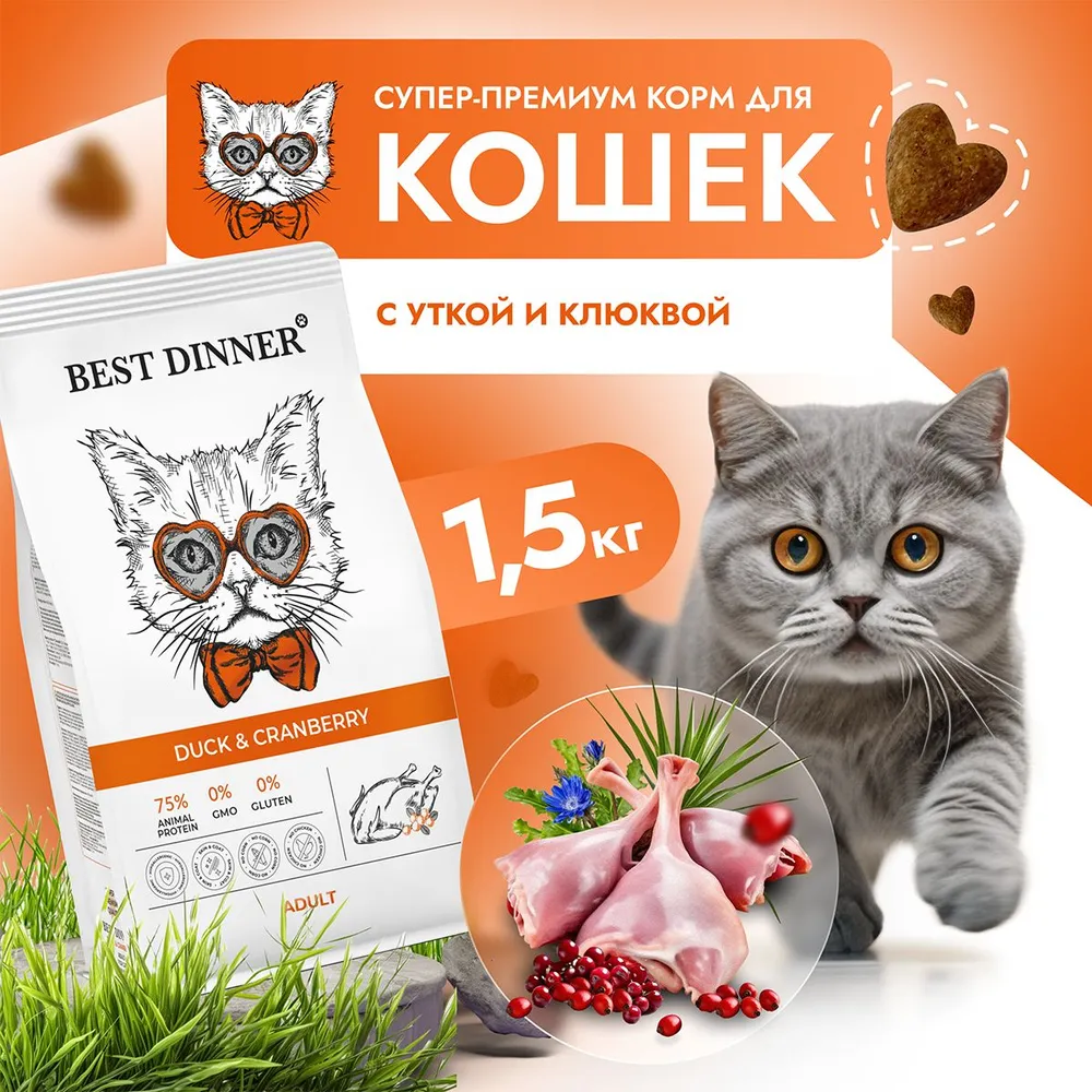 Best Dinner Adult Cat 1,5кг утка и клюква сухой для кошек , купить оптом в  Москве, цена, характеристики, описание - Симбио - ЗооЛэнд