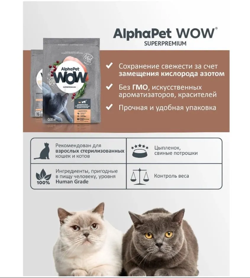 AlphaPet WOW (АльфаПет) 7кг c цыпленком сухой для взрослых стерилизованных  кошек (652062), купить оптом в Москве, цена, характеристики, описание -  Симбио - ЗооЛэнд