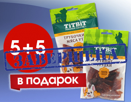 TiTBiT: акция 5 + 5 в подарок на лакомства для собак TiTBiT: акция 5 + 5 в подарок на лакомства для собак