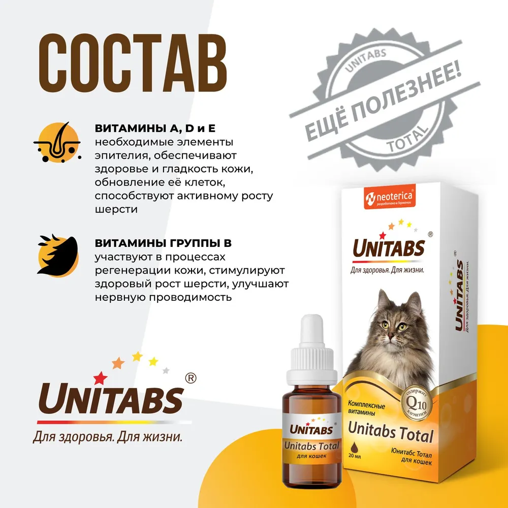 Unitabs Total 20мл витаминно-минеральный комплекс для кошек, купить оптом в  Москве, цена, характеристики, описание - Симбио - ЗооЛэнд