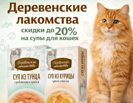 Деревенские лакомства: скидка 20% на супы для кошек Деревенские лакомства: скидка 20% на супы для кошек