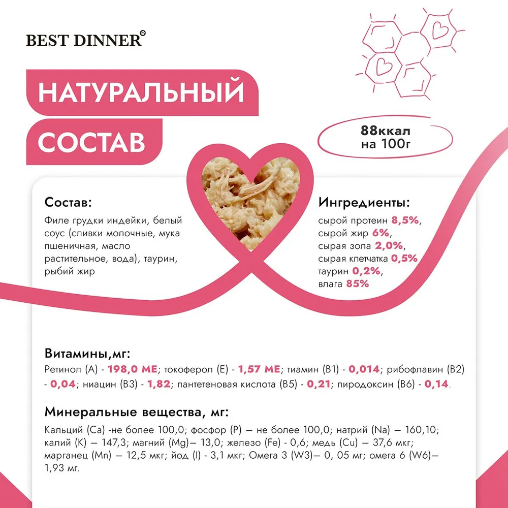 Best Dinner High Premium 0,085кг индейка в белом соусе, волокна филе грудки  для кошек (263617), купить оптом в Москве, цена, характеристики, описание -  Симбио - ЗооЛэнд