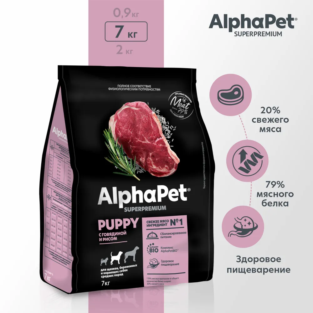 AlphaPet Superpremium (АльфаПет) 7кг с говядиной и рисом сухой для щенков и юниоров средних пород (651423) фото