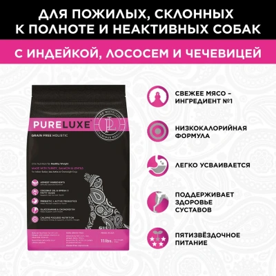 PURELUXE 0,4кг Элитное Питание для собак норм веса с индейкой, лососем и чечевицей (940071)