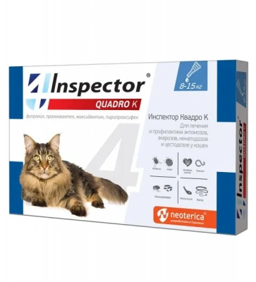 Капли (Inspector) Quadro (1 пип) инсектицидные от внешних и внутренних паразитов, для кошек 8-15кг (40) (ЛИЦЕНЗИЯ) фото Капли (Inspector) Quadro (1 пип) инсектицидные от внешних и внутренних паразитов, для кошек 8-15кг (40) (ЛИЦЕНЗИЯ) фото