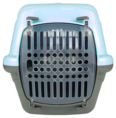 Переноска (Зооэкспресс) 17121 для животных "Турне" S с прозрачной пластиковой дверцей (коврик + ремень) 42*29*29,5 см голубая фото