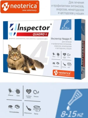Капли (Inspector) Quadro (1 пип) инсектицидные от внешних и внутренних паразитов, для кошек 8-15кг (40) (ЛИЦЕНЗИЯ) Капли (Inspector) Quadro (1 пип) инсектицидные от внешних и внутренних паразитов, для кошек 8-15кг (40) (ЛИЦЕНЗИЯ) фото