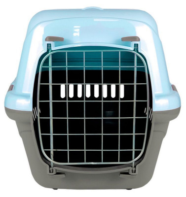 Переноска (Зооэкспресс) 18421 переноска для живот."Турне"L АВИА с металлической дверцей (коврик+ремень) 54.5*36*34 см голубая фото