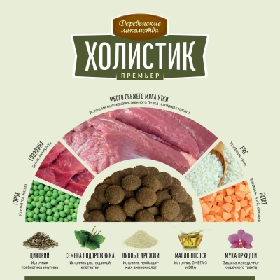 Деревенские лакомства Холистик Премьер 12кг утка с рисом для собак средних и крупных пород (79213867) фото