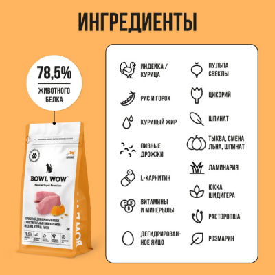 Bowl Wow 4кг с индейкой и тыквой сухой для кошек с чувствительным пищеварением (660927) фото Bowl Wow 4кг с индейкой и тыквой сухой для кошек с чувствительным пищеварением (660927) фото