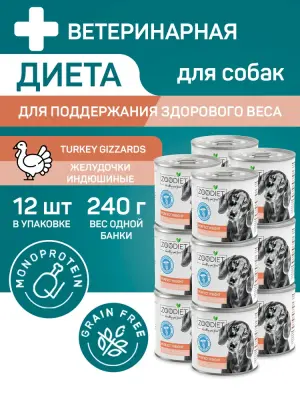 809141007 Корм влажный полнорационный диетический для собак Zoodiet Perfect Weight Turkey Gizzards/Желудочки индюшиные, 240 г фото