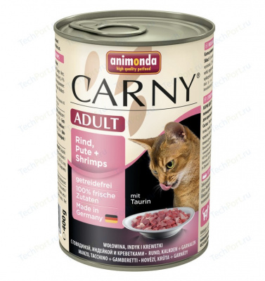 Animonda Carny Adult 0,4кг с говядиной, индейкой и креветками консервы для взрослых кошек 