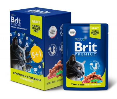 Brit Premium 0,085кг Промо-Набор 5+1 ягненок и говядина в соусе паучи для взрослых стерилизованных кошек (55104)