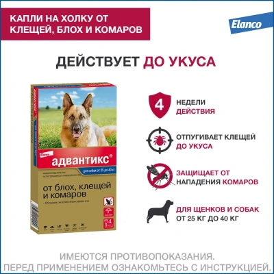 Адвантикс капли (4пип х 4мл) против паразитов для собак более 25кг (ЛИЦЕНЗИЯ) Адвантикс капли (4пип х 4мл) против паразитов для собак более 25кг (ЛИЦЕНЗИЯ) фото