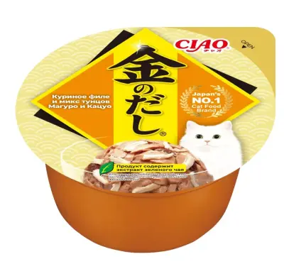 Inaba Kinnodashi cup RU802 0,07кг Куриное филе и микс тунцов Магуро и Кацуо Дополнительный рацион для кошек фото