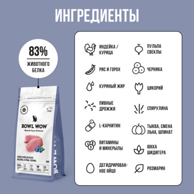 Bowl Wow 0,4кг с курицей и черникой сухой для котят (660873) фото Bowl Wow 0,4кг с курицей и черникой сухой для котят (660873) фото