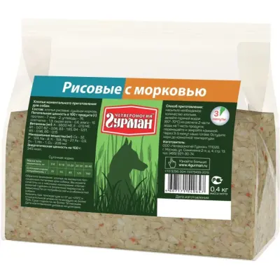 102104016 Каша моментальная для собак Четвероногий гурман "Хлопья рисовые с морковью", 400 г