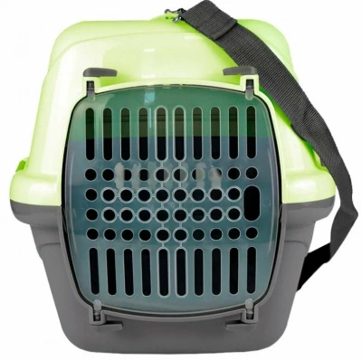 Переноска (Зооэкспресс) 18123 для животных "Турне" L с прозрачной пластиковой дверцей (коврик + ремень) 54.5*36*34 см зеленая