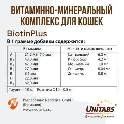 Unitabs 0,12л витаминная паста BiotinPlus с биотином и таурином для шерсти кошек фото