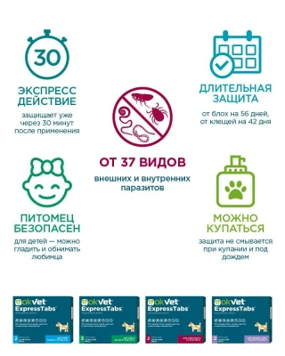 Оквет ЭкспрессТабс табл. от клещей, блох, вшей и гельминтов для собак от  2,5 кг до 5 кг (ЛИЦЕНЗИЯ) фото Оквет ЭкспрессТабс табл. от клещей, блох, вшей и гельминтов для собак от  2,5 кг до 5 кг (ЛИЦЕНЗИЯ) фото