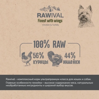 RAWIVAL Finest with Wings курица и индейка для взрослых собак карликовых и маленьких пород, 2,5 кг фото RAWIVAL Finest with Wings курица и индейка для взрослых собак карликовых и маленьких пород, 2,5 кг фото