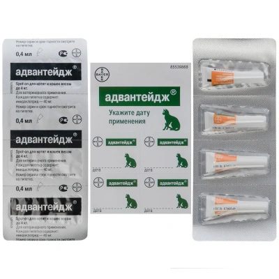Адвантейдж 40 капли (4пип х 0,4мл) против паразитов для кошек  до 4кг (ЛИЦЕНЗИЯ) фото Адвантейдж 40 капли (4пип х 0,4мл) против паразитов для кошек  до 4кг (ЛИЦЕНЗИЯ) фото