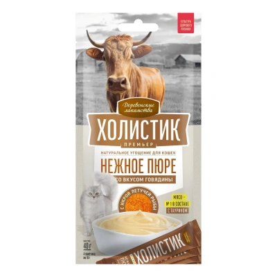 Деревенские лакомства 4х0,01кг Холистик Премьер Нежное пюре со вкусом говядины и с икрой летучей рыбы для кошек фото