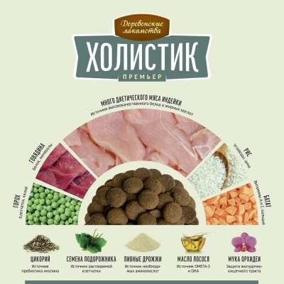 Деревенские лакомства Холистик Премьер 12кг индейка с рисом для собак средних и крупных пород (79213423) фото