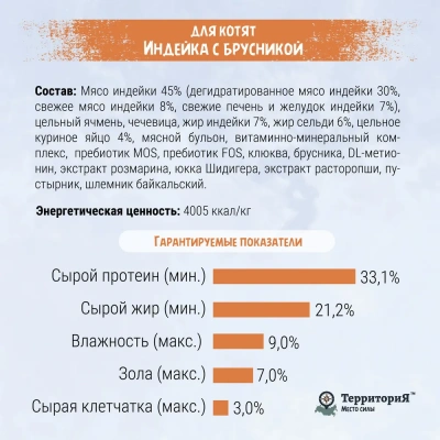 ТерриториЯ Кавказ 1,5кг индейка с брусникой сухой для котят (560094) фото ТерриториЯ Кавказ 1,5кг индейка с брусникой сухой для котят (560094) фото