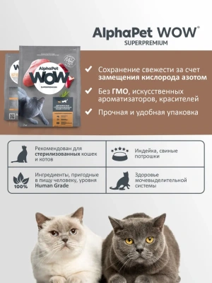 AlphaPet WOW (АльфаПет) 7кг c индейкой и потрошками сухой для взрослых стерилизованных кошек (652086) фото