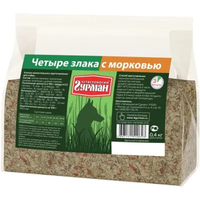 102104004 Каша моментальная для собак Четвероногий гурман "Хлопья 4 злака с морковью", 400 г