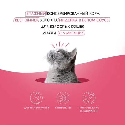 Best Dinner High Premium 0,085кг индейка в белом соусе, волокна филе грудки для кошек (263617) фото