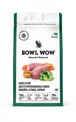 Bowl Wow 4кг с индейкой, курицей и шпинатом сухой для стерилизованных кошек (663225) фото