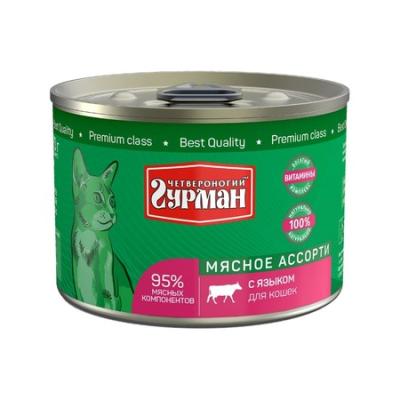 103204009 Корм влажный для кошек Четвероногий гурман "Мясное ассорти с языком", 190 г