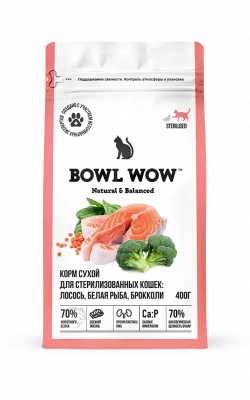 Bowl Wow 0,4кг с лососем, белой рыбой и брокколи сухой для стерилизованных кошек (663157) фото Bowl Wow 0,4кг с лососем, белой рыбой и брокколи сухой для стерилизованных кошек (663157) фото