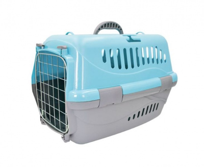 Переноска (Зооэкспресс) 18121 для животных  "Турне" L с прозрачной пластиковой дверцей (коврик + ремень) 54.5*36*34 см голубая