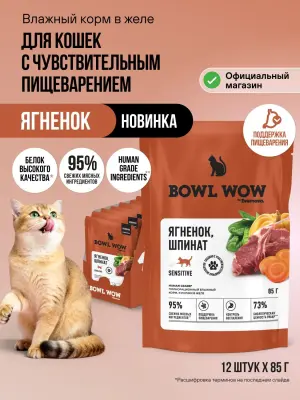 Bowl Wow 0,085кг ягненок и шпинат в кусочки в желе для кошек с чувствительным пищеварением (665151) фото