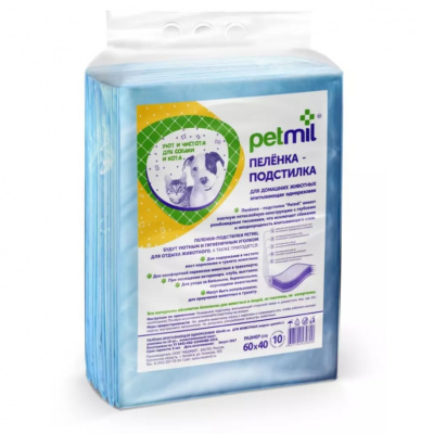 Пеленки (Petmil) впитывающие одноразовые 60*40 10шт для животных  Пеленки (Petmil) впитывающие одноразовые 60*40 10шт для животных
