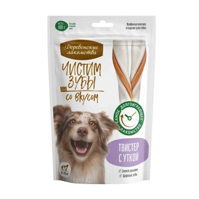 Деревенские лакомства 0,09кг Чистим зубы Твистер с уткой для собак фото Деревенские лакомства 0,09кг Чистим зубы Твистер с уткой для собак фото
