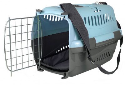 Переноска (Зооэкспресс) 16321 для животных "Турне" M с металлической дверцей (коврик + ремень) 48*32*32 см голубая