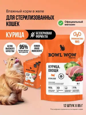 Bowl Wow 0,085кг курица и овощи в кусочки в желе для стерилизованных кошек (665076)