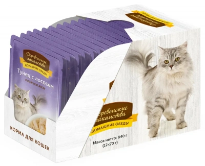 Деревенские лакомства 0,07кг Домашние обеды тунец с лососем в нежном желе для кошек (74500592) фото