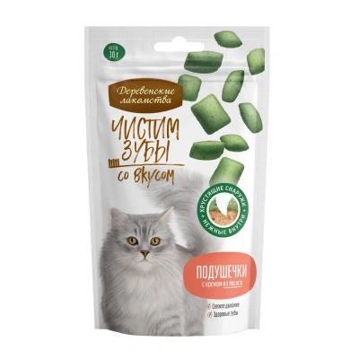 Деревенские лакомства 0,03кг Чистим зубы для кошек Подушечки с кремом из лосося фото