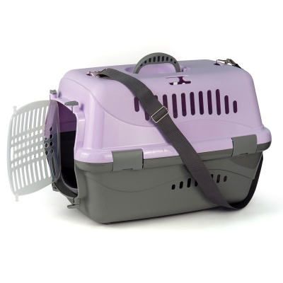 Переноска (Зооэкспресс) 18122 для животных "Турне" L с прозрачной пластиковой дверцей (коврик + ремень) 54.5*36*34 см фиолетовая
