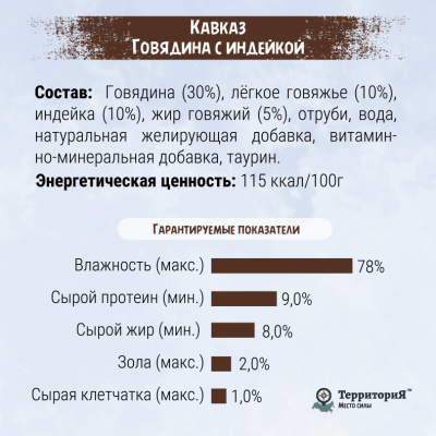 ТерриториЯ Кавказ 0,085кг говядина с индейкой влажный для кошек (321298) фото ТерриториЯ Кавказ 0,085кг говядина с индейкой влажный для кошек (321298) фото