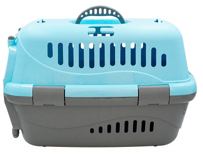 Переноска (Зооэкспресс) 17121 для животных "Турне" S с прозрачной пластиковой дверцей (коврик + ремень) 42*29*29,5 см голубая фото
