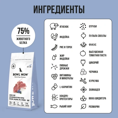 Bowl Wow 0,8кг ягненок, индейка с рисом и черникой сухой для щенков крупных пород  (662037) фото Bowl Wow 0,8кг ягненок, индейка с рисом и черникой сухой для щенков крупных пород  (662037) фото