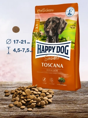 Happy Dog Supreme Toscana 2,8кг утка лосось сухой для собак средних и крупных пород с чувствительным пищеварением и избыточным весом (117202) фото Happy Dog Supreme Toscana 2,8кг утка лосось сухой для собак средних и крупных пород с чувствительным пищеварением и избыточным весом (117202) фото