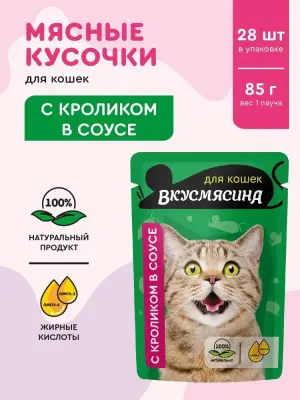 721201003 ВКУСМЯСИНА "Кусочки с кроликом в соусе" для кошек (пауч), 85 г